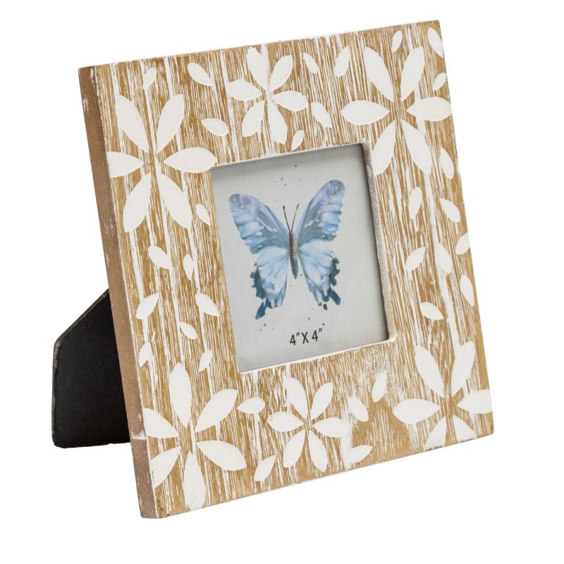 Flowers Design Decorative Photo Frame — Distressed Finish, MDF with Glass Front — Allure Home Collections
