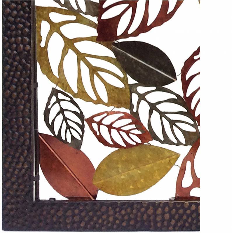 Detail of the layered metal leaf forms and multi colour finish on the wall art panel