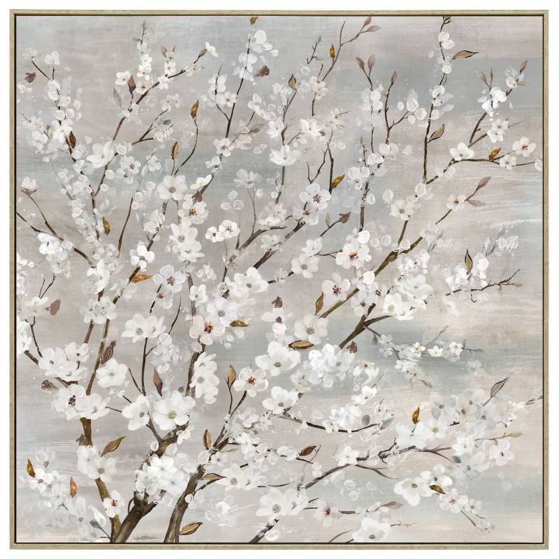 Wood framed blossom canvas print styled on a neutral interior wall
