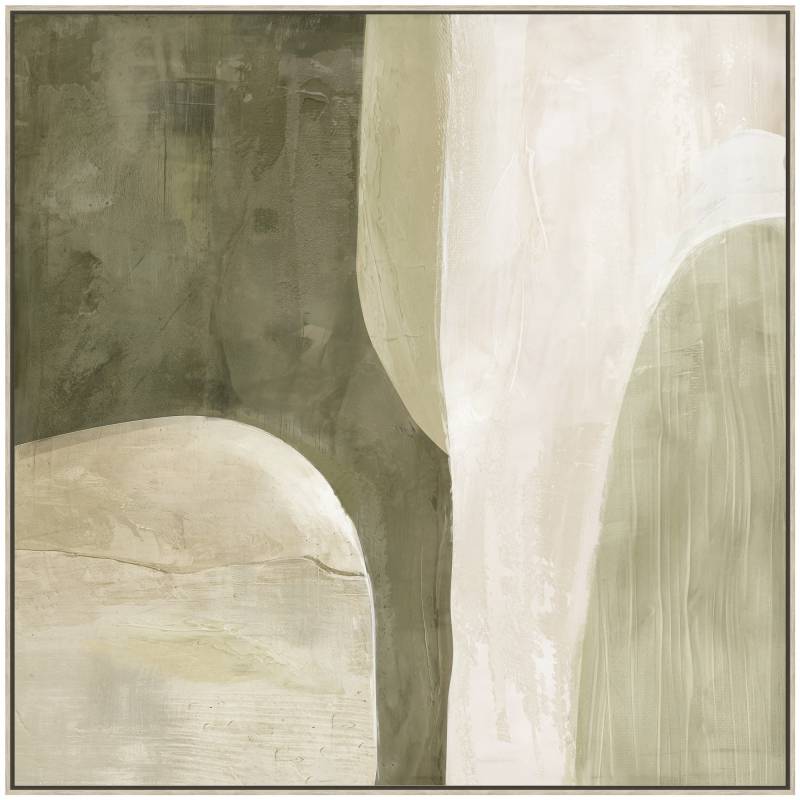 Bold green abstract with expressive brushwork on a square painted panel framed on timber