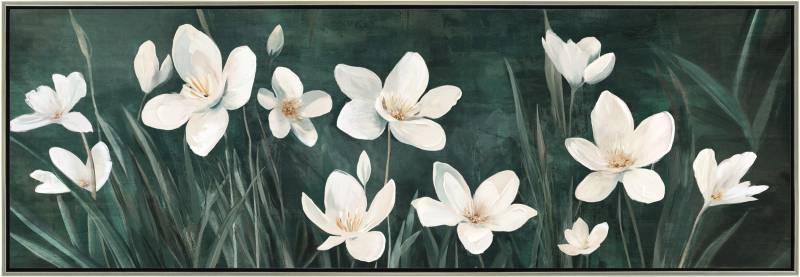 Wide 150 x 50 cm framed painted artwork of blooming multi colour flowers in a timber frame