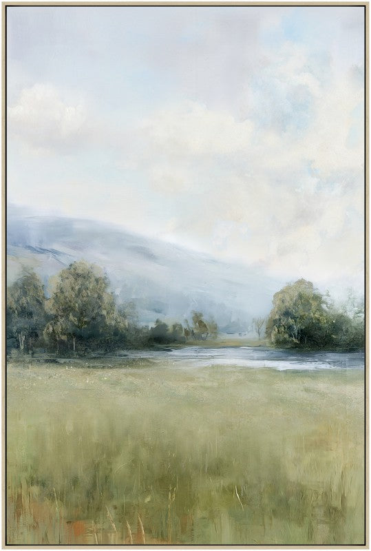 Paddock framed wall art 120 cm, multi colour painted rural landscape artwork in a slim MDF frame