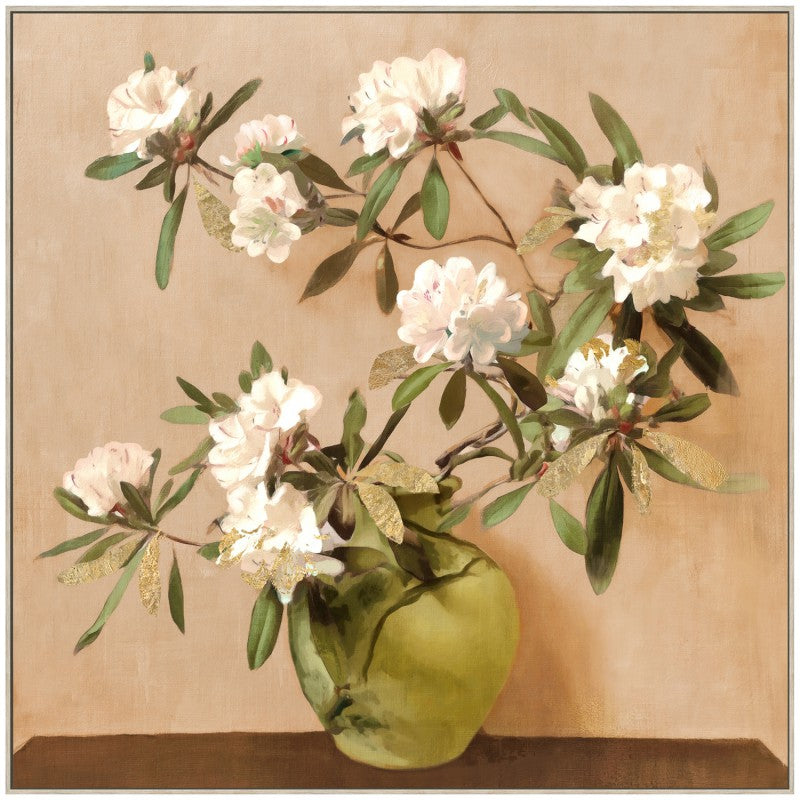 Neutral toned floral vase still life wall art 80 x 80 cm in a slim MDF frame