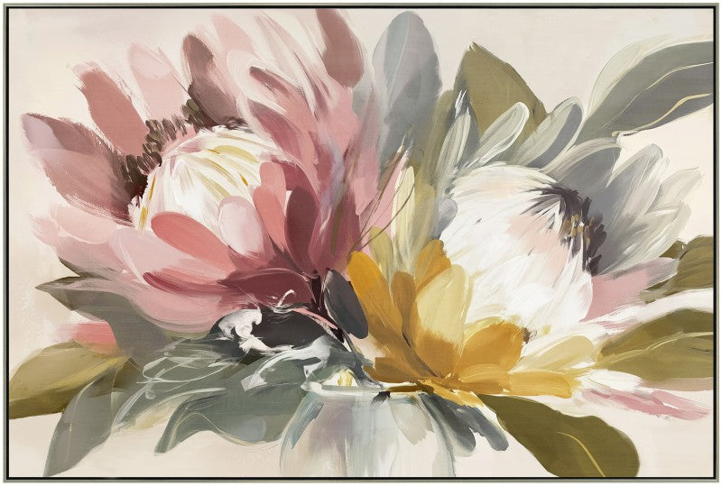 Two protea blooms in blush pink and terracotta tones on a wide landscape canvas framed on timber