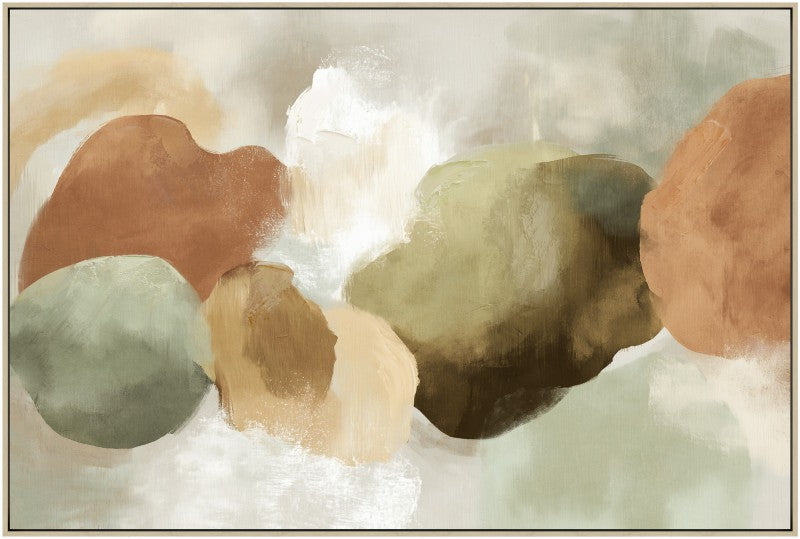 Earthy botanical canvas print in muted green and clay tones framed on timber and displayed on a neutral wall