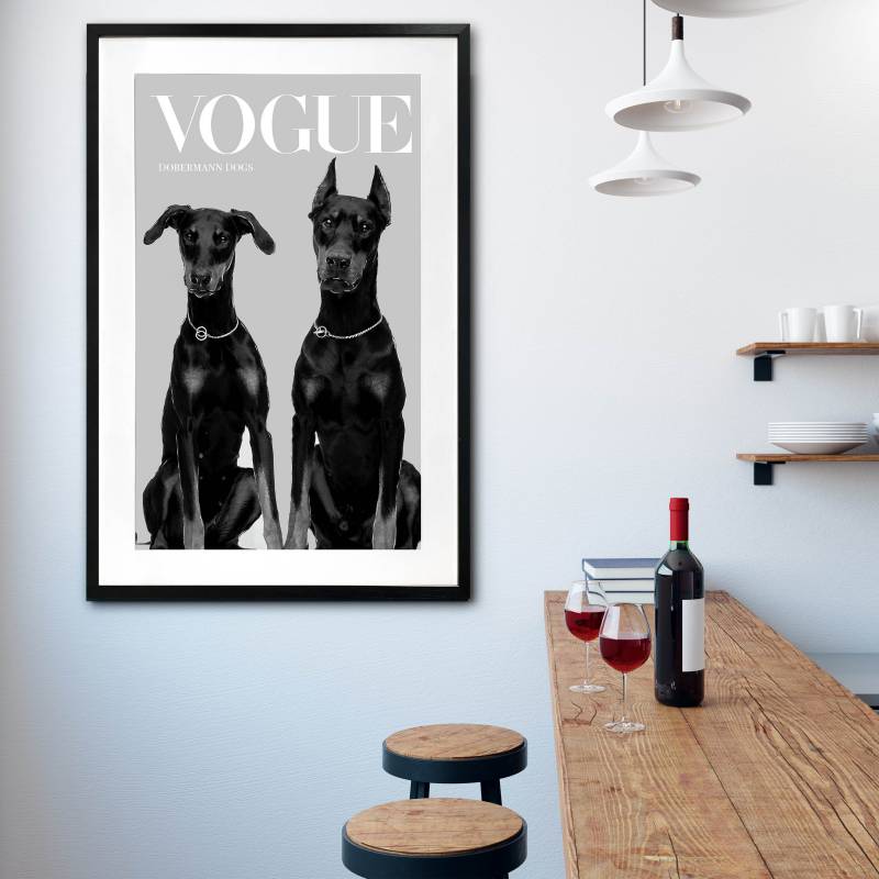 Scale view of the 80 x 120 cm framed dog wall art against a plain wall