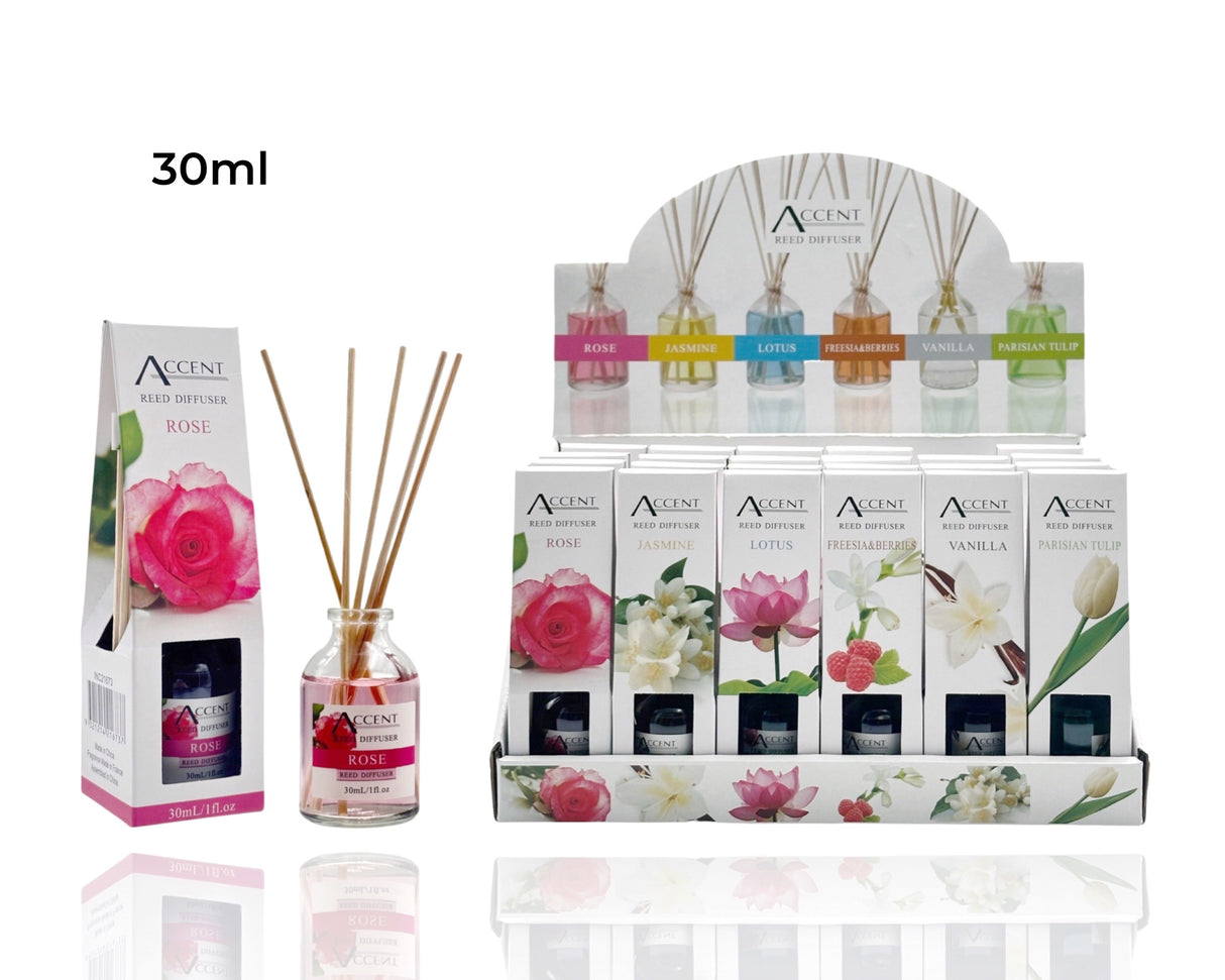 Wollombi mini reed diffuser 30ml in assorted fragrances, bulk 72 pack of compact glass home diffusers