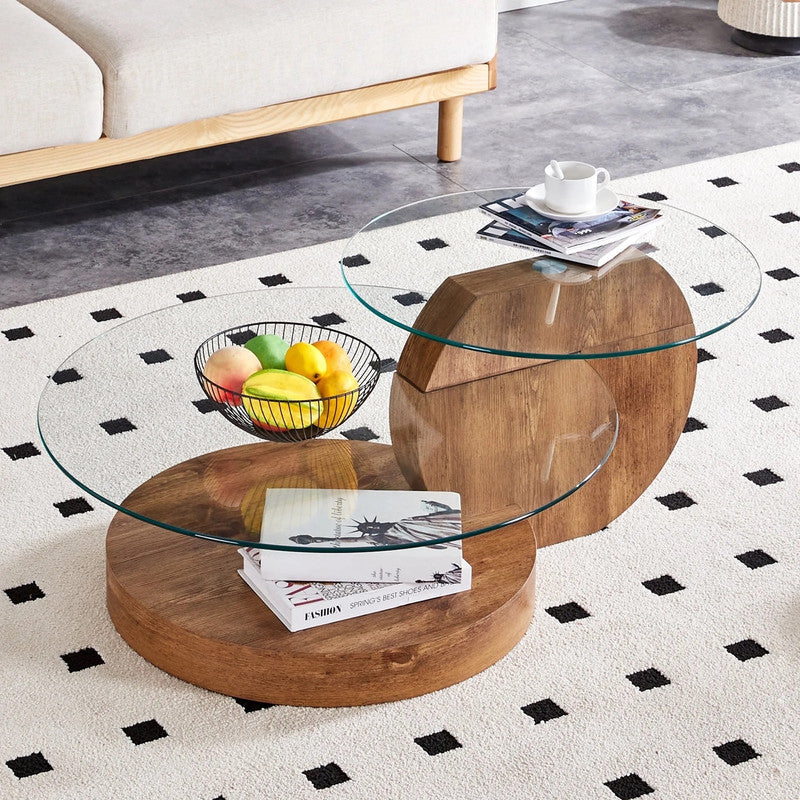 Strathewen clear glass and timber coffee table in a modern living room