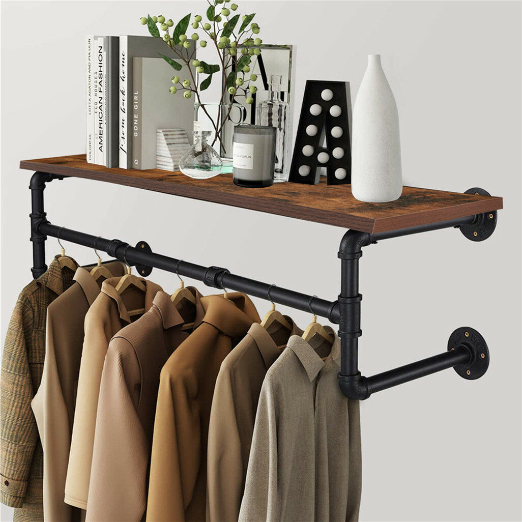 Drysdale Wall Mounted Pipe Clothes Rack with Shelf, Black
