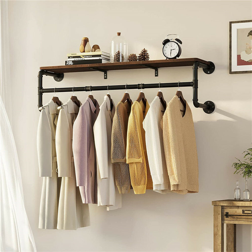 Drysdale Wall Mounted Pipe Clothes Rack with Shelf, Black