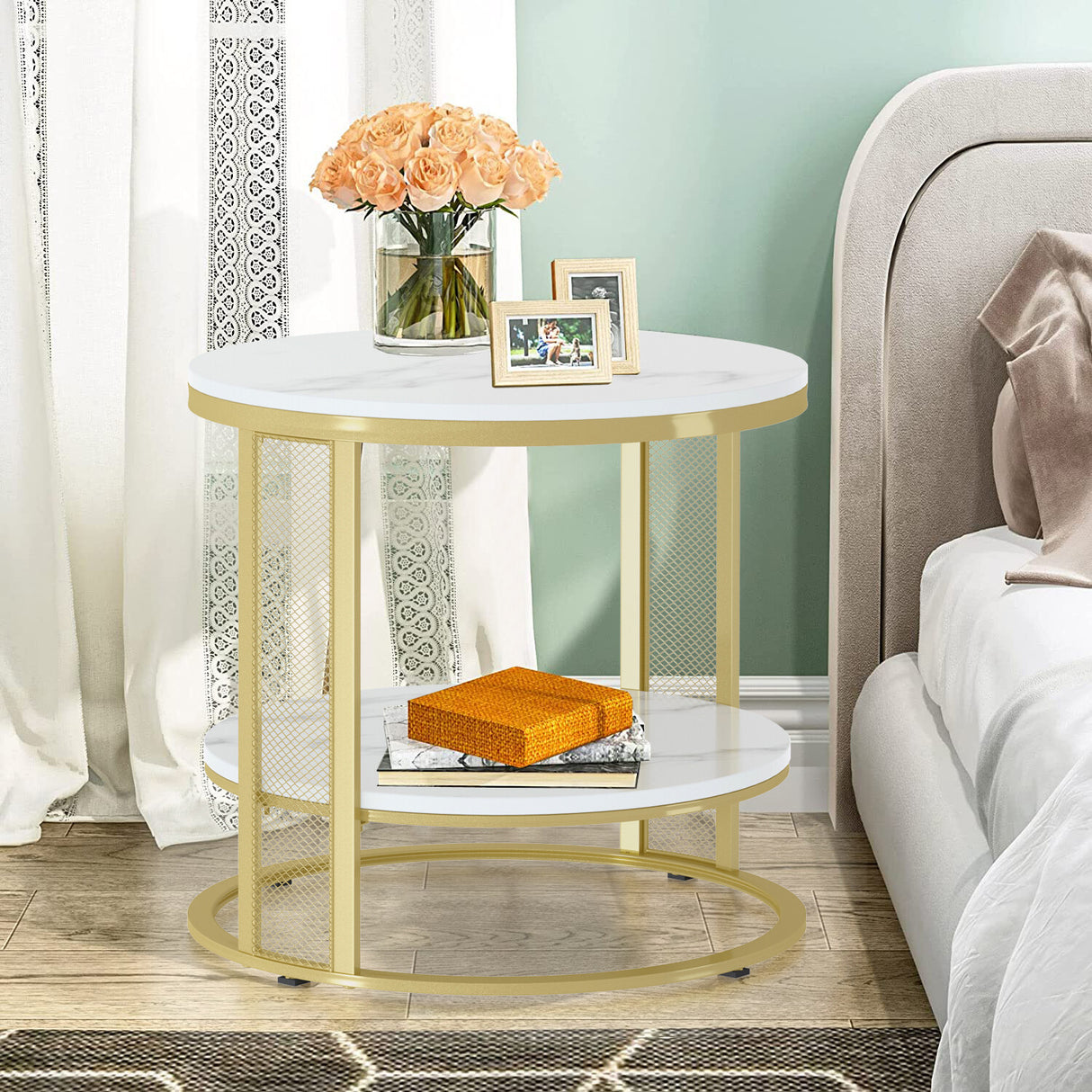 Beveridge Round Coffee Table, White Marble and Gold