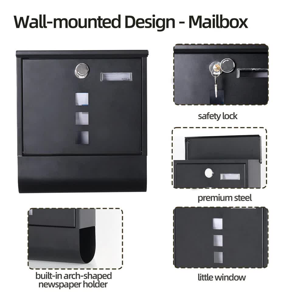 Black lockable mailbox with newspaper holder in use
