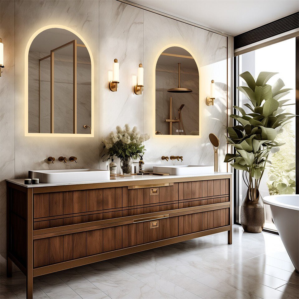 Arch LED bathroom vanity mirror with anti fog and time temperature display in matte white