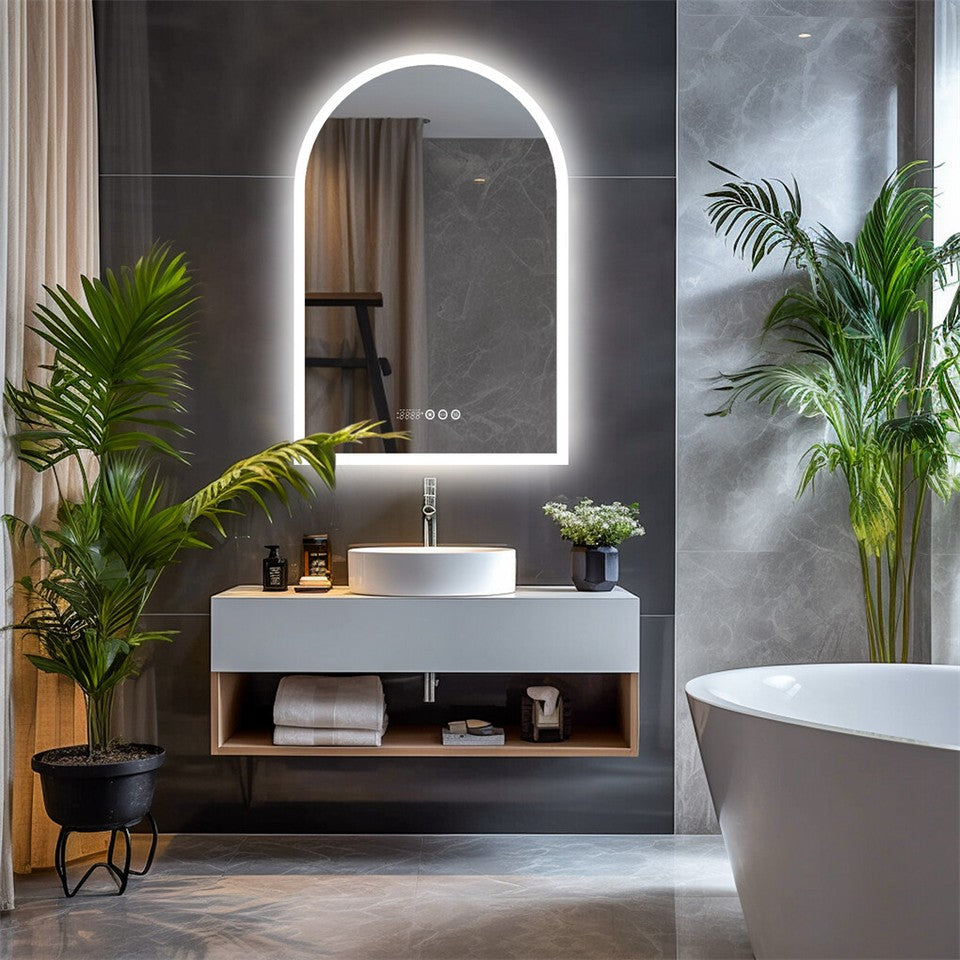 Arch LED bathroom vanity mirror with anti fog and time temperature display in matte white