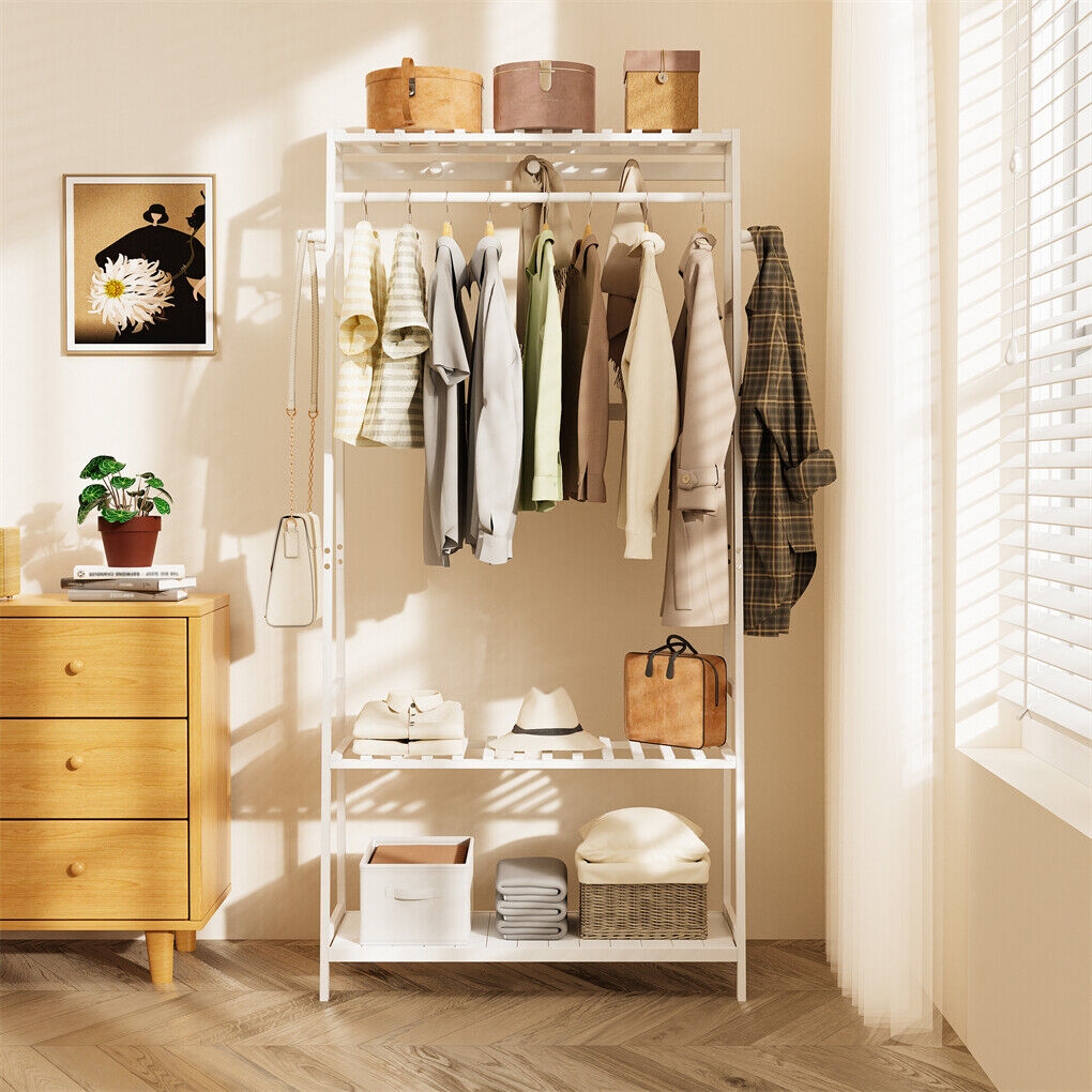 Indented Head Bamboo Garment Rack, White