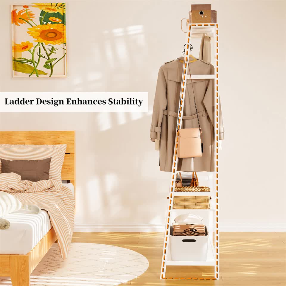 Indented Head Bamboo Garment Rack, White