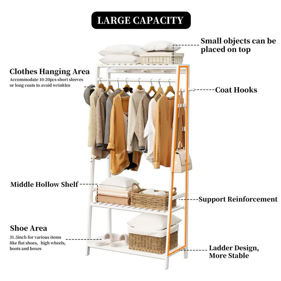 Indented Head Bamboo Garment Rack, White