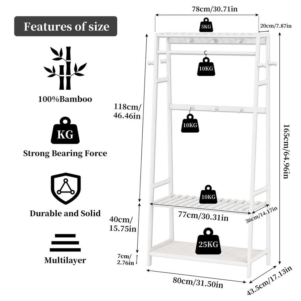 Indented Head Bamboo Garment Rack, White