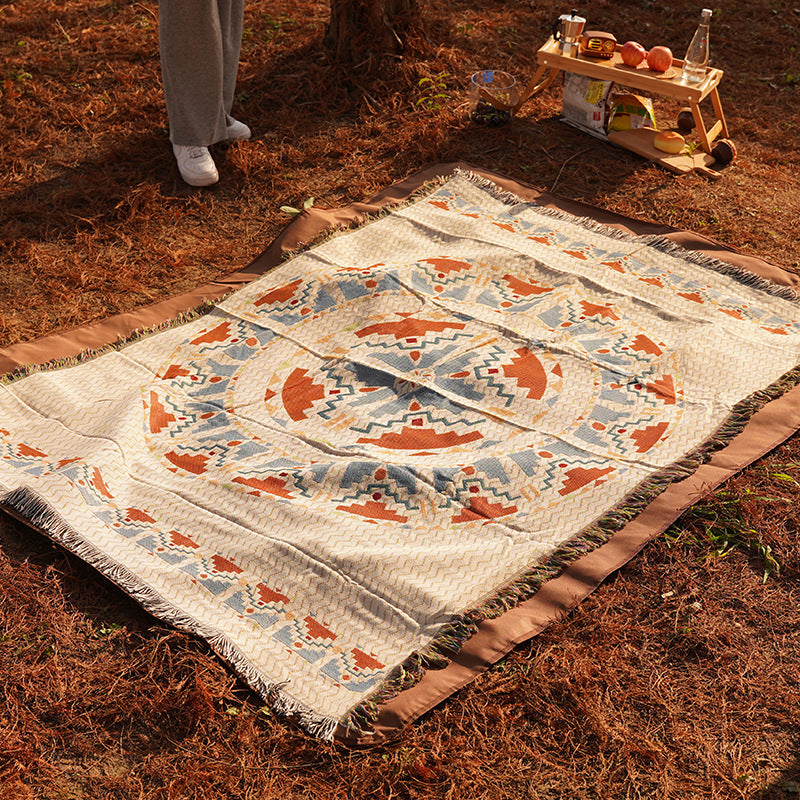 Derwent Bohemian cotton picnic blankets two pack, each 180 x 180cm, in vintage pattern laid out on grass