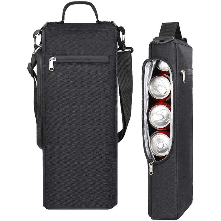 Insulated beverage cooler bag holding six cans with shoulder strap