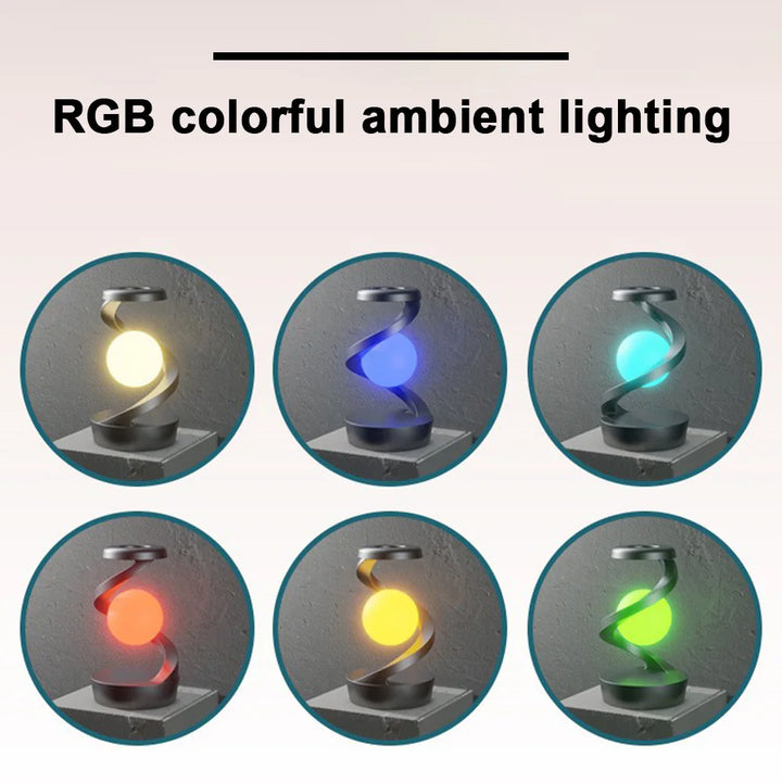 Black 360° Rotating Floating Night Light – Wireless Charging Table Lamp | 7-Color RGB Atmosphere Light | USB Rechargeable for Bedroom, Bedside, Desk, Camping, and Party Décor