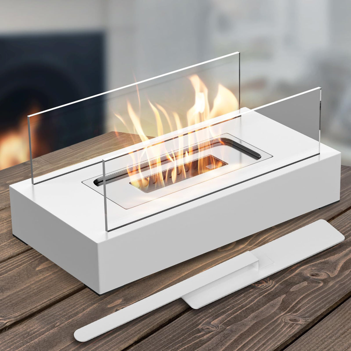 White tabletop bioethanol fireplace with glass panels