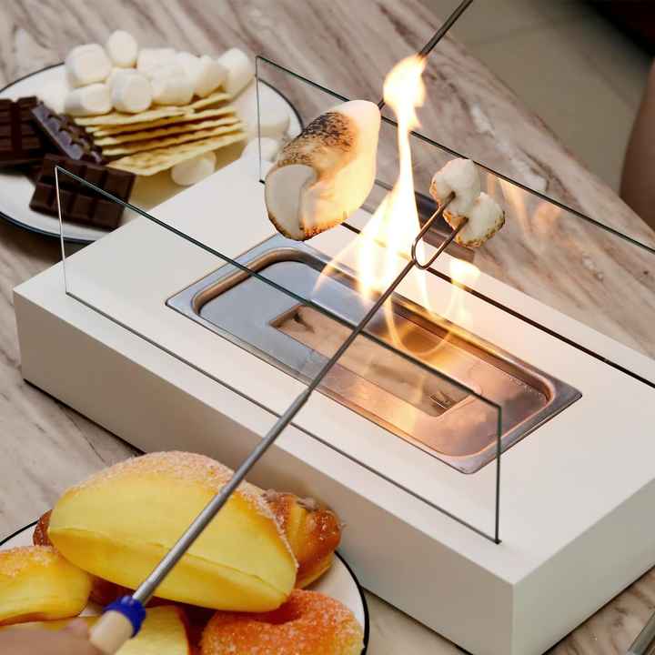 White tabletop bioethanol fireplace with glass panels