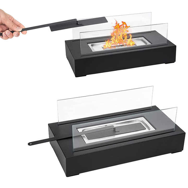 White tabletop bioethanol fireplace with glass panels