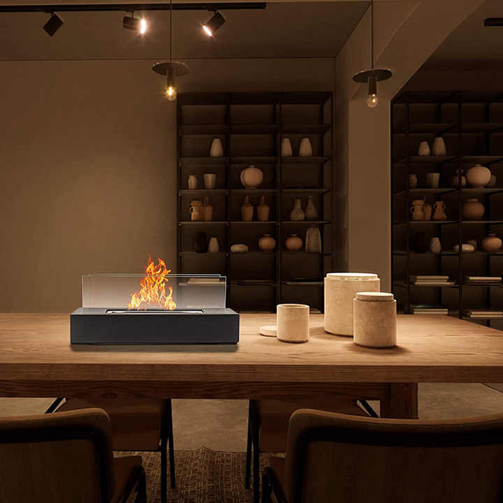 White tabletop bioethanol fireplace with glass panels