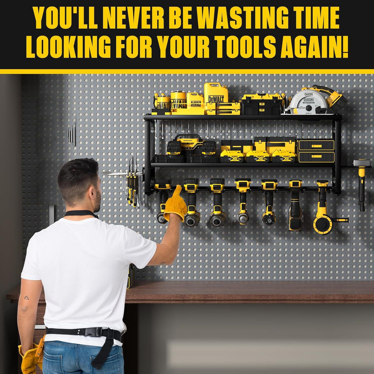 3 Tier Wall Mounted Power Tool Organiser Rack mounted in garage