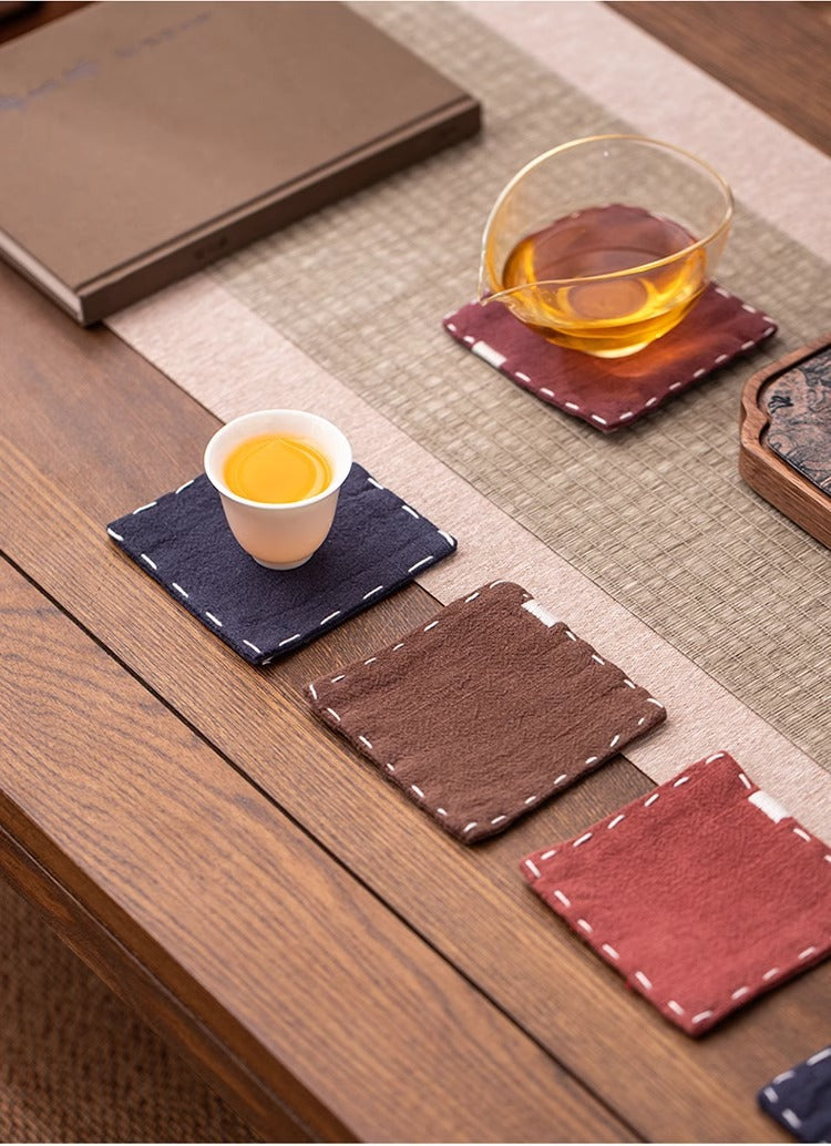 Navy Blue Chinese Style Linen Coasters - Set of 4, Hand-Embroidered Tea Mats (9x9cm)