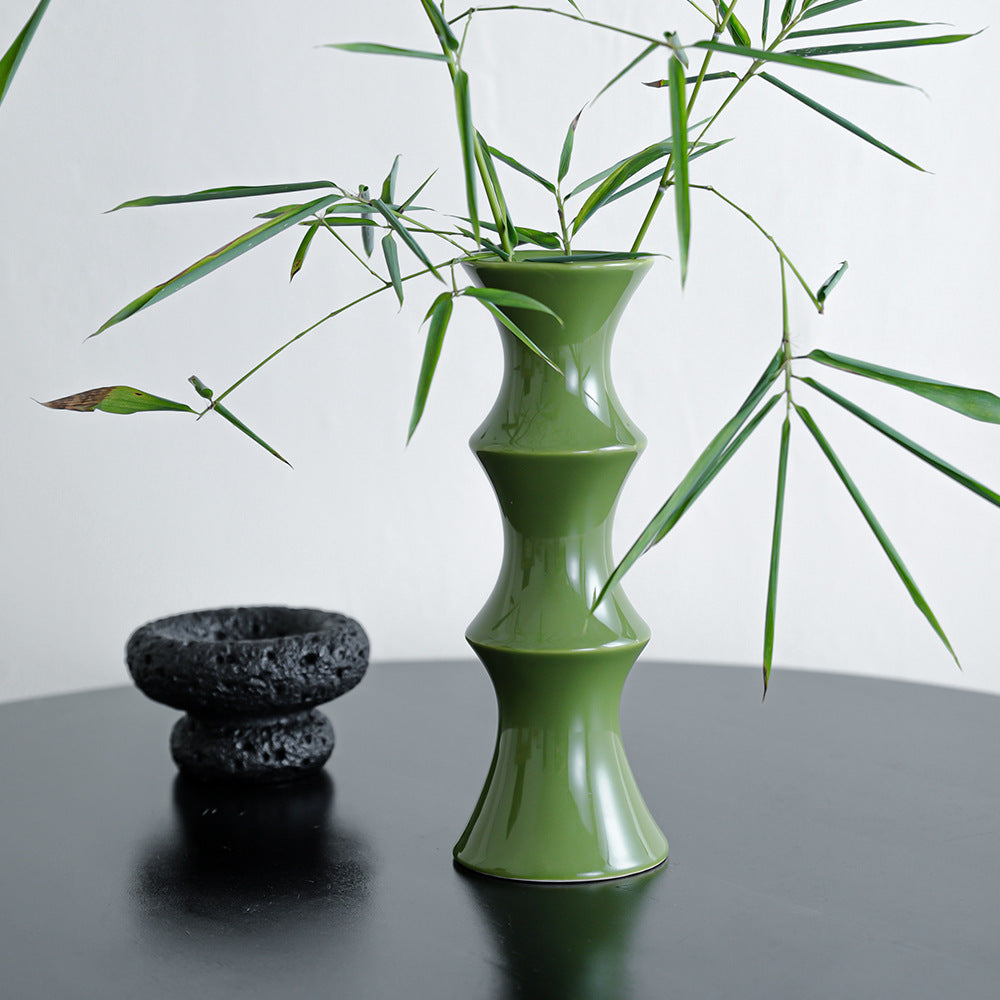 Glossy green ceramic bamboo style vase