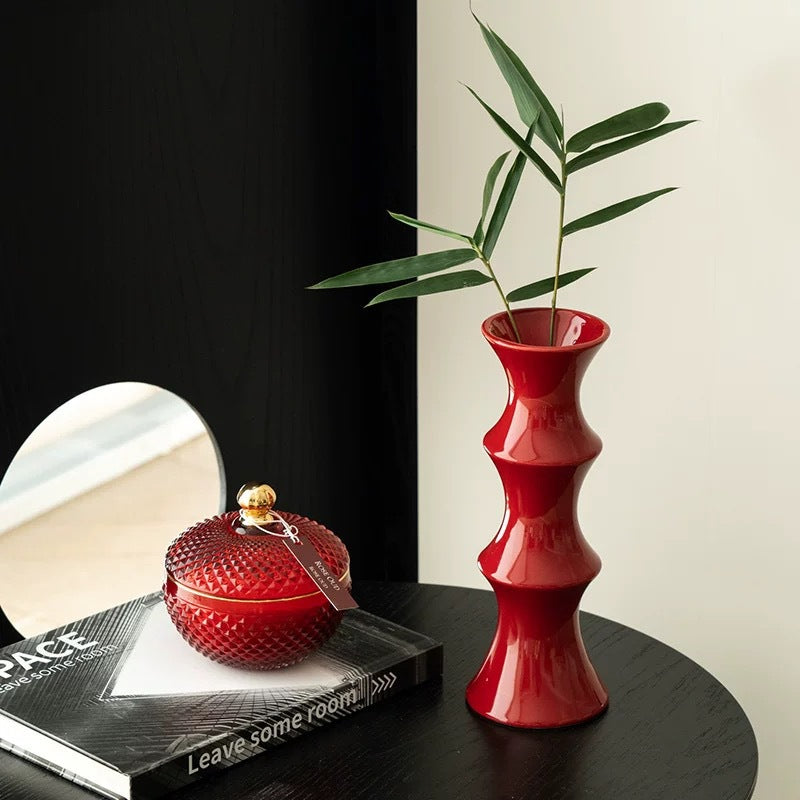 Glossy red ceramic bamboo style vase