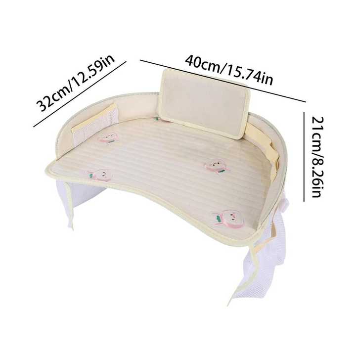 Car seat travel tray with mesh storage pockets