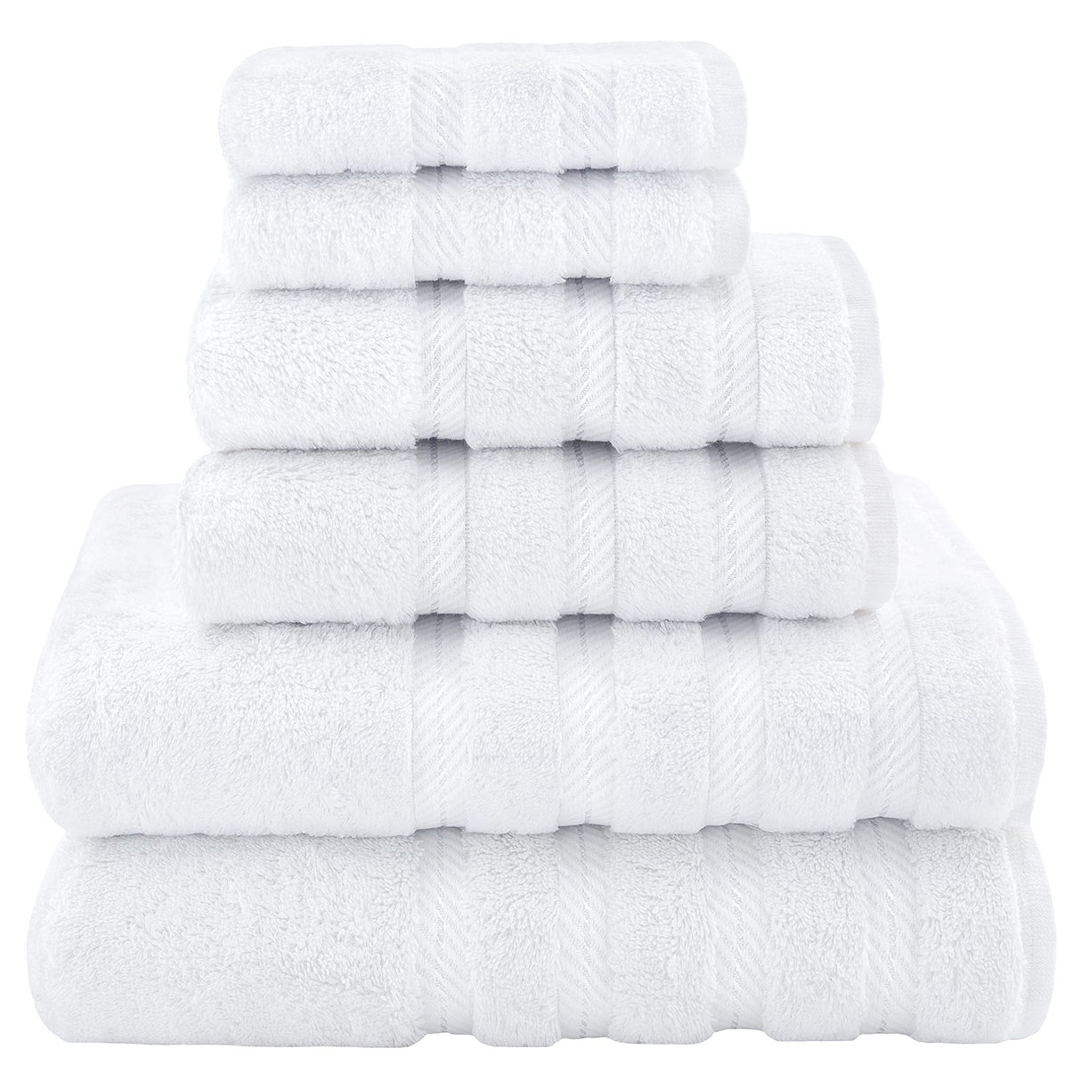 White combed cotton six piece towel bale with bath towels, hand towels and face washers stacked