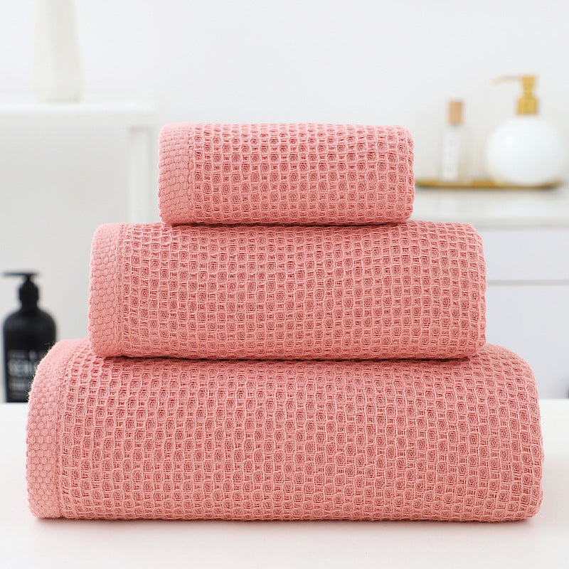 Pink waffle weave cotton towel set with bath towel, hand towel and face washer