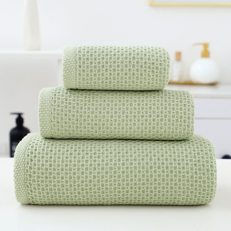 Light green waffle weave cotton towel set of 3 with bath, hand and face towels
