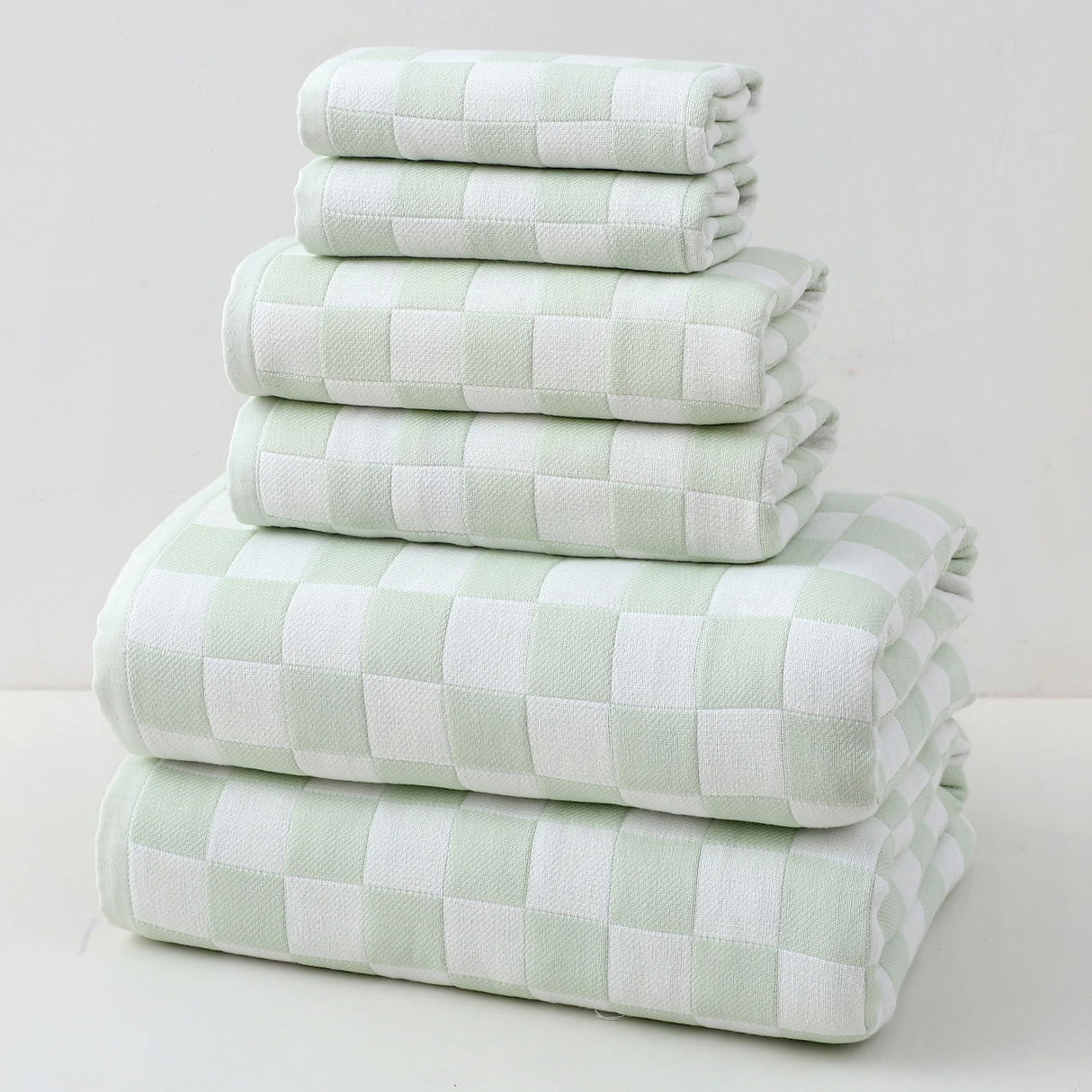 Six piece light green cotton gauze towel set with bath towels, hand towels and face towels