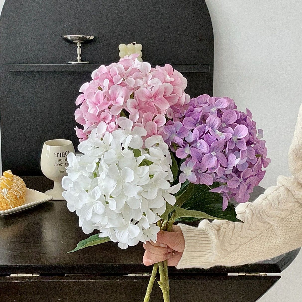 Light blue faux hydrangea bouquet close-up showing lifelike flower detail — Allure Home Collections