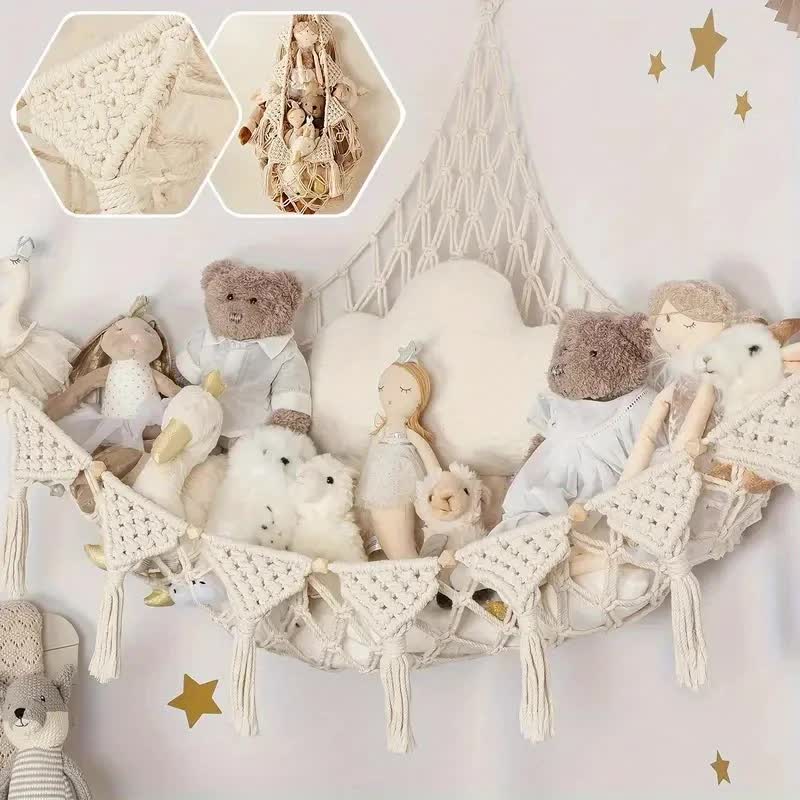 Woven corner plush toy storage hammock with beads in white