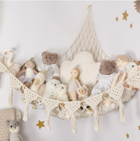 Woven corner plush toy storage hammock with beads in white