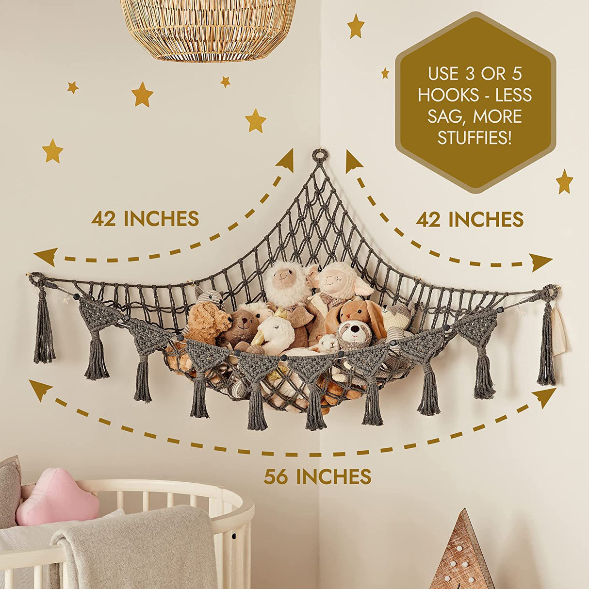 Woven corner plush toy storage hammock with beads in grey
