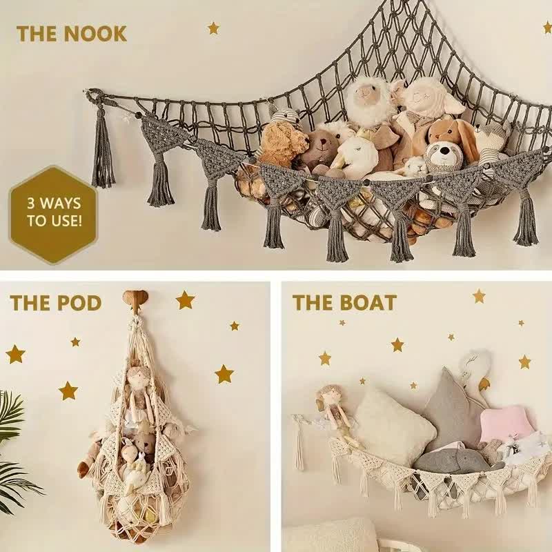 Woven corner plush toy storage hammock with beads in grey