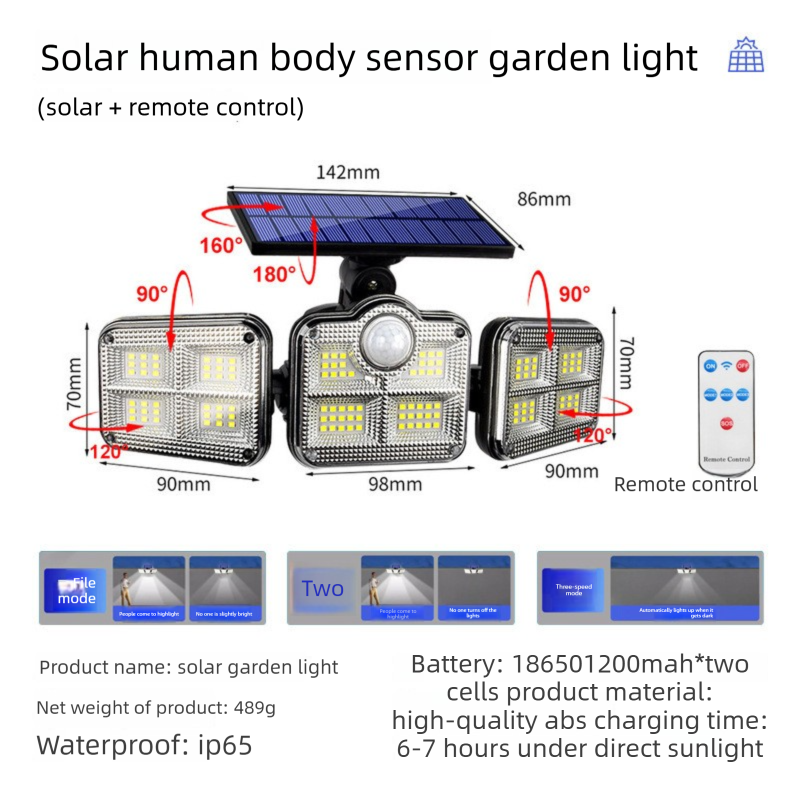 122 LED solar security light with motion sensor remote and 3 adjustable heads IP65