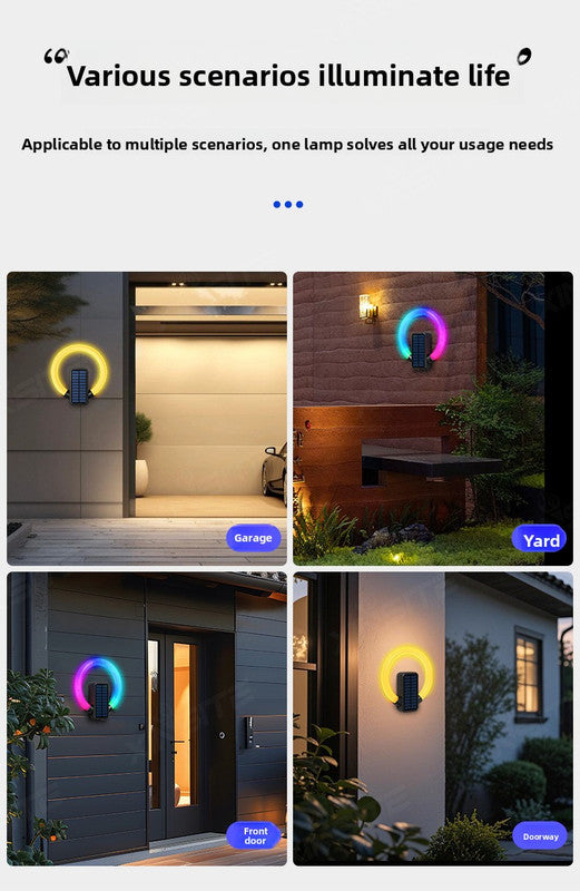 Circular solar outdoor wall light with RGB and white LED and USB charging