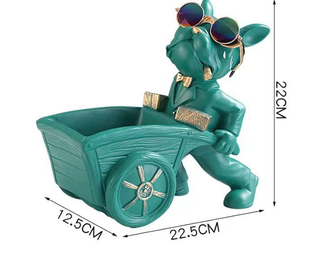French Bulldog Wheelbarrow Storage Figurine and Key Bowl, Green