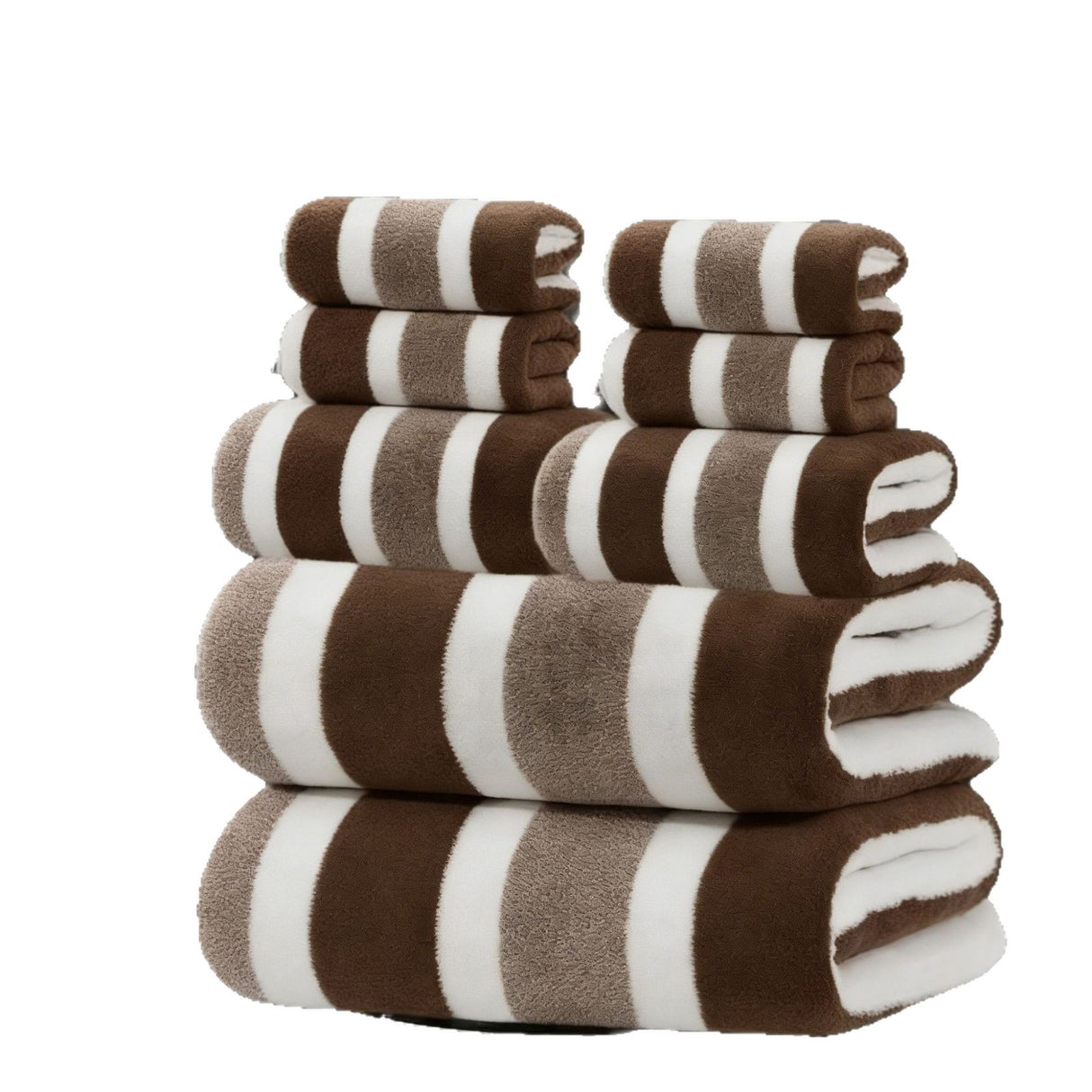 Eight piece brown coral fleece towel set with bath sheets, towels and face cloths in a wide stripe texture