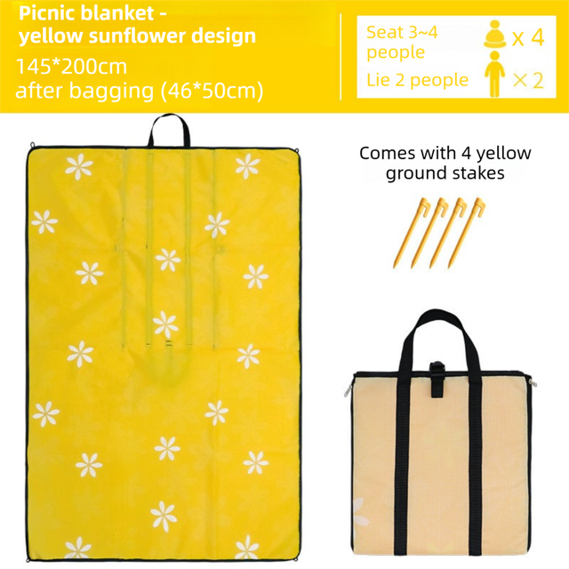 Threlkeld yellow sunflower picnic mat 145 x 200cm that folds into a shoulder carry bag, with ground stakes and water resistant PVC backing
