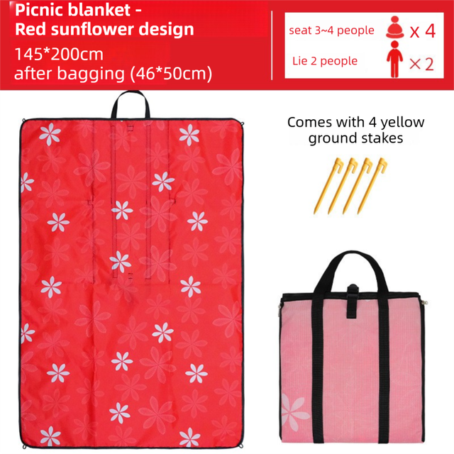 Threlkeld red sunflower picnic mat 145 x 200cm that folds into a shoulder carry bag, with ground stakes and water resistant PVC backing