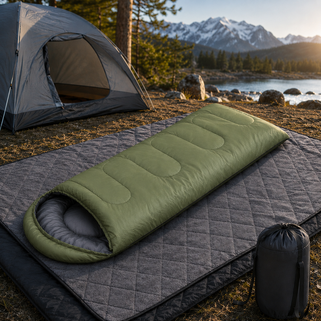 Osorno green envelope sleeping bag with black waterproof fleece camping blanket